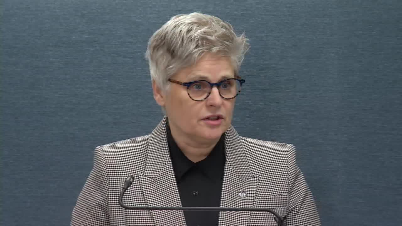 Hennepin County Attorney Mary Moriarty at a press conference podium